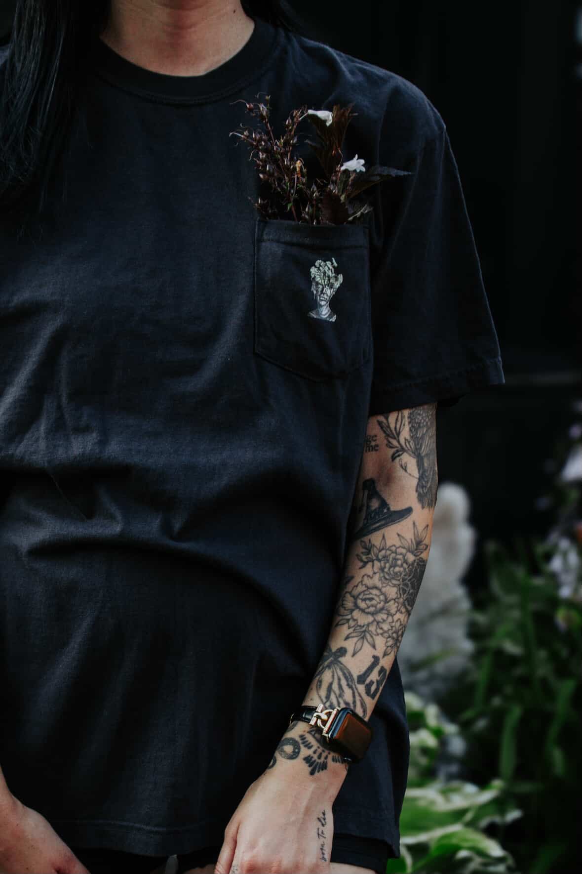 flowers + faces x the g0th garden black mamba begonia pocket t