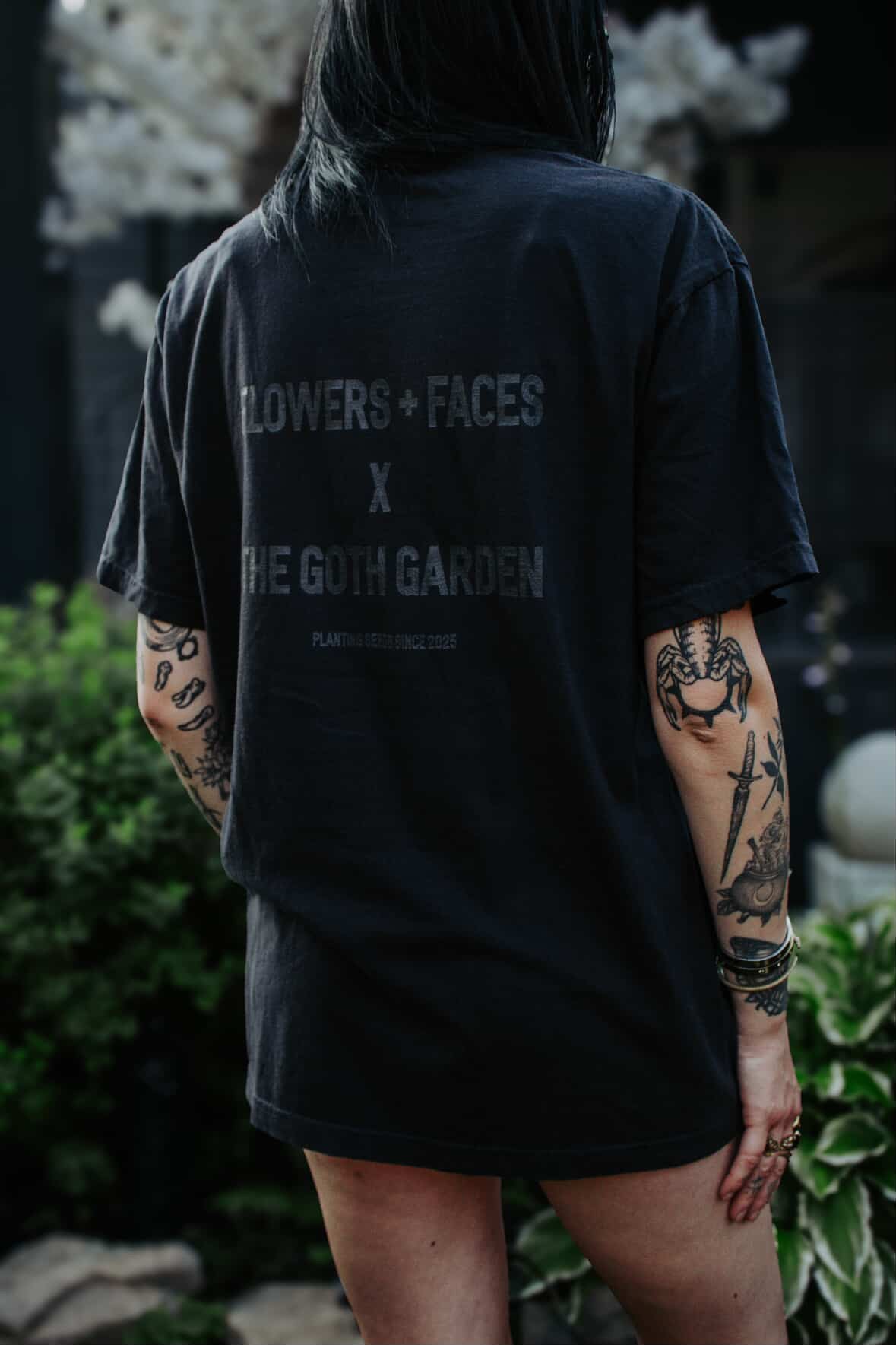 flowers + faces x the g0th garden black mamba begonia pocket t