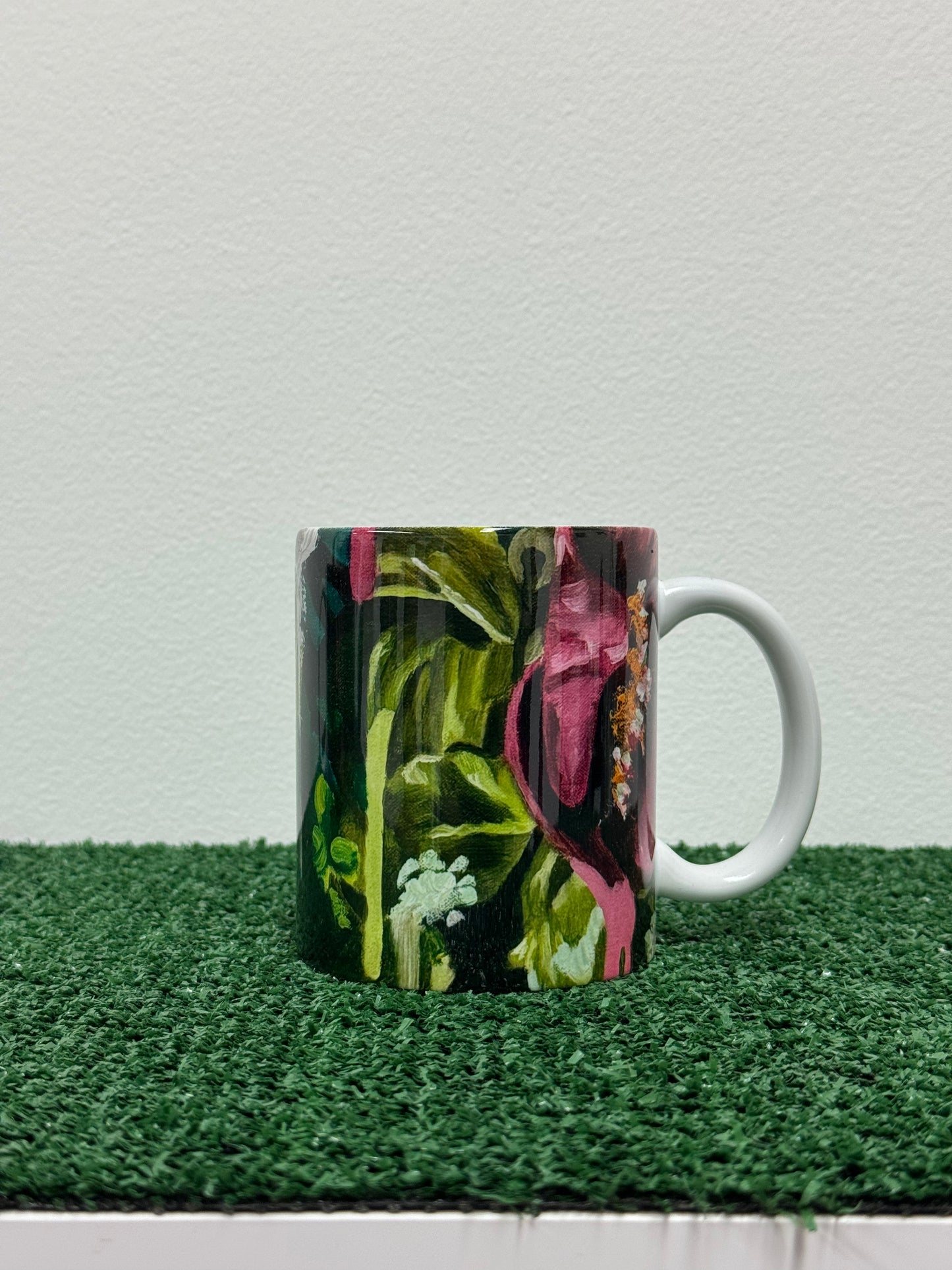 flowers + faces green + purps coffee mug