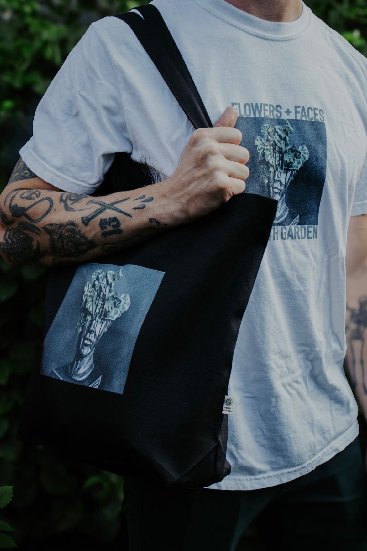 flowers + faces x the g0th garden tote bag