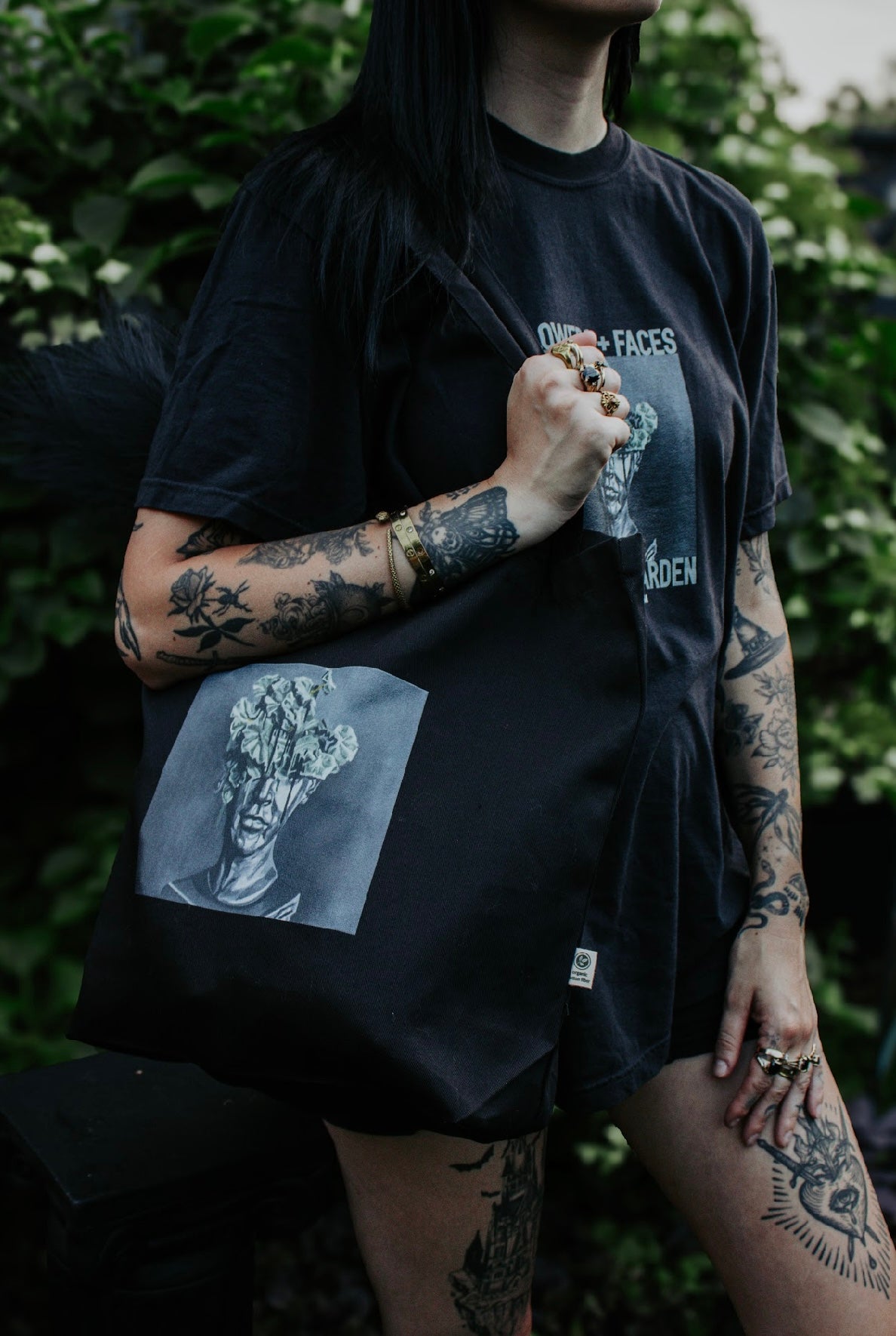 flowers + faces x the g0th garden tote bag