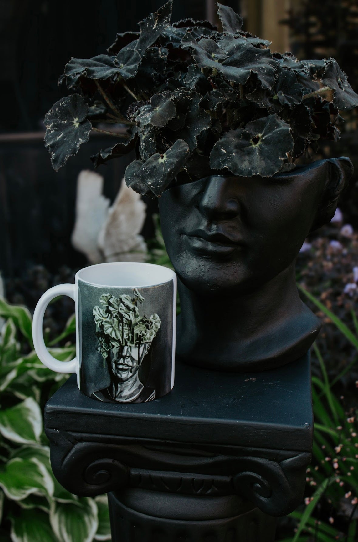 flowers + faces x the g0th garden black mamba begonia coffee mug