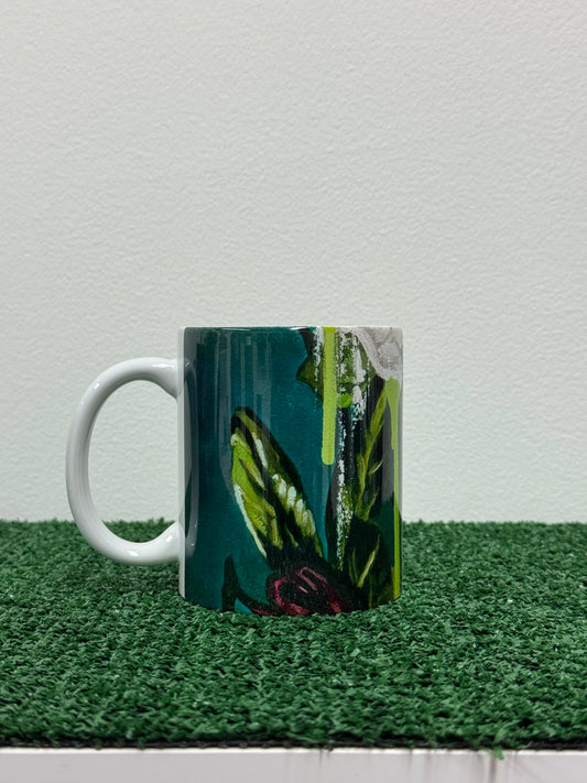 flowers + faces green + purps coffee mug