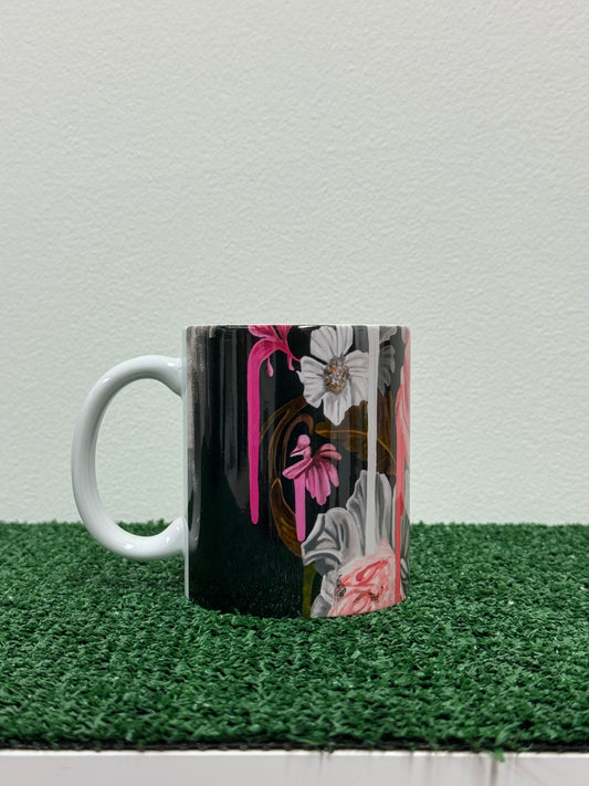 flowers + faces black dahlia coffee mug